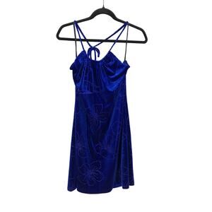 Vintage Y2K Aqua Blues Dress Womens Large Blue Velvet Halter Neck Glitter Floral